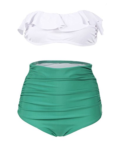 Bluetime Womens Ruffles High Waist Strapless 2 Piece Bikini Swimsuit Side Ruched