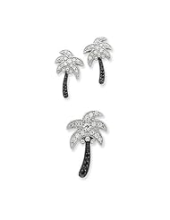 Sterling Silver CZ Black & White Palm Tree Slide Pendant and Post Earrings Set
