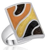 DaVinci Brown Orange Yellow Swirl Rectangle Art Deco Design Fashion Ring Double Sterling Layered Accents - You Choose Size (6)