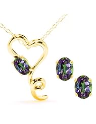 2.45 Ct Oval Green Mystic Topaz 14K Yellow Gold Pendant Earrings Set