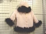 Ck35bp-b, Baby Pink Chenille Infant Cardigan Sweater, Hat Set Trimmed with Black Maribou