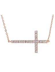 Sideways Cross Pendant Necklace with Swarovski Elements 1/4 Carat (ctw) in Sterling Silver with Rose Pink Gold Plating