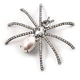 Huge Crystal Pearl Spider Brooch (Black Tone Metal)
