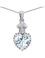 Genuine TRUE LOVE (tm) 925 Sterling Silver Flaming Heart Protection Simulated Aquamarine Pendant