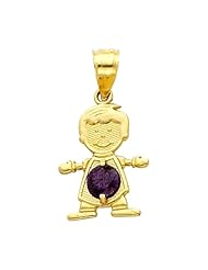 14K Yellow Gold February CZ Birthstone Boy Charm Pendant for Baby and Children (Amethyst, Purple)