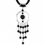 Black Agate Spin Drop Silver Pendant w. Leather Necklace