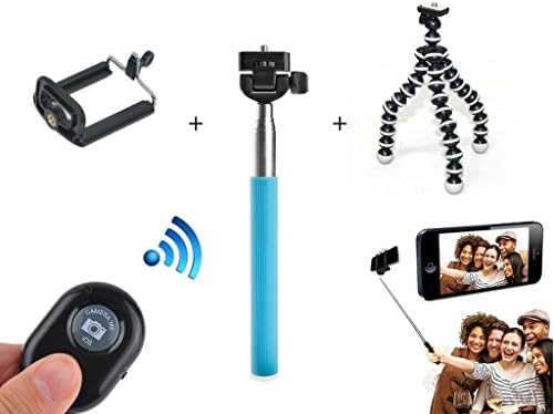 LIMYAAH Selfie Stick Extendable Handheld Monopod Pole with Adjustable Phone Holder (Blue + Bluetooth Shutter) + Case Star Black &amp; White Octopus Style Portable and adjustable Tripod Stand with Mount / Holder for iPhone, Cellphone 4/4S/5 ,Camera with Case Star Velvet Bag