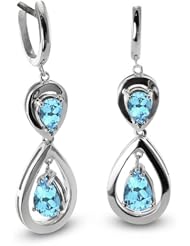CleverEve Luxury Series One Pair Double Pear-Shaped Silver Earrings w/ 9mm & 7mm Genuine Pear Cut Blue Topaz Stones