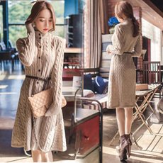 インポートピンク　importpink 海外　インポート　ベージュ　タートル　ニット　ブラウン　レザー　ベルト　付　ワンピース　ドレス　膝丈　大人