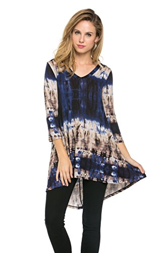 Frumos Womens 3/4 Sleeve Tie Dye V Neck Long Tunic Top
