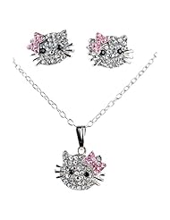 Litlle Girls Jewelry Set - These Accessories Will Make Any Little Girl Very Happy - Necklace and Matching Earrings in Silver Tone with Clear and Pink Rhinestones for Fashionable Bling - Great Gift for Christmas, Birthday or Flower Girl
