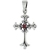 Sterling Silver Cross Fleury Pendant w/ Single Red CZ, w/ 18" Thin Box Chain