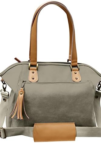 Taupe Cotton Canvas Leather Trimmed Tote Diaper Bag, Interior Foil Insulated Bottle Holders, Padded Changing Pad, Cotton Drawstring Sac Inlcuded, Metal Feet, Eco-friendly