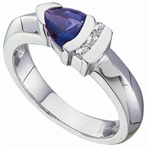 14Kt White Gold Trillion Cut Genuine Bluish Iolite and Diamond Ring