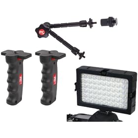 DV60A Video & DSLR Video Light with Variable Light Output, 2x Pistol Grip Camera Handle, with 11 Friction Arm and a 10 Pack AA Batteries