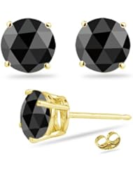 3/4 (0.71-0.80) Cts 3.50-4.00 mm AAA Round Rose Cut Black Diamond Stud Earrings in 14K Yellow Gold