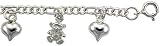 Sterling Silver Charm Anklet with Hearts and Teddy Bears