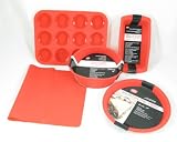 Silicone Bakeware Set 5pcs - Red (Round Pie / Flan Dish, Round Pan, Baking Mat, Loaf Pan, 12-Cup Muffin Pan)