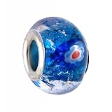 Pandora Style Charm Bead (Z336) Glass Style (14mm x 10mm) (fits Troll too) ~ Teal Glitter Core with Flowers