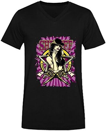 Closity Men's Smoking Woman with Gun Short Sleeves V T-Shirts Black L