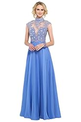 A-line Floor Length Beaded Applique Keyhole Cap Sleeves Chiffon High-Neck Evening Dress/Prom Dress/Party Dress 