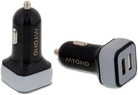 MYOHO 4.8 A 24 W Dual Port Universal LightSpeed USB fast Car Charger for rapid charging at 4.8 Amps; smart IC Intelligent detection circuit on both ports; fastest, most efficient, stylish, compact, high speed with LED for iPhone 6, iPhone 6Plus, iPhone 5s, iPhone 5c, iPhone 5, iPhone 4s, iPhone 4; iPad5, iPad Air 2, iPad Air, iPad Mini; iPod Touch, Nano; Samsung Galaxy S6, S5, S4, S3, S2, Galaxy Note 3, Note 2; LG G3, LG G2; Nexus 5, 4, 7, 10; Motorola Droid, Razr, Maxx; Blackberry; Nook; Nokia Lumia 2520; HTC One M8 X V S; other apple, android, windows smartphones tablets, bluetooth speakers & headsets, all USB powered devices; black with soft firm grip at base, 1 year warranty (Black/Gray)