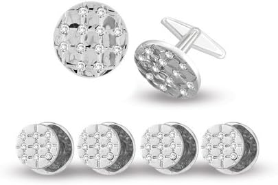 Tuxedo stud and Cufflink set Silver tone round with Crystals