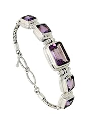 Sterling Silver Bali Style Byzantine Toggle Bracelet, w/ 15x10mm & four 10x8mm Emerald Cut Natural Amethyst Stones, 1/2 inch (13 mm) wide