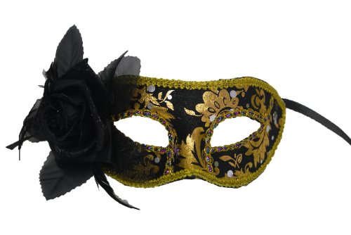 Masquerade Ball Venetian Black and Gold Pattern Mask w/ Black Flower on Side 412GyZKXjKL Masquerade Ball Venetian Black and Gold Pattern Mask w/ Black Flower on Side