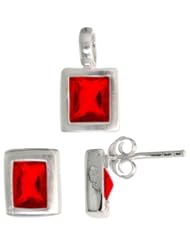 Sterling Silver Matte-finish Rectangular Earrings (8mm tall) & Pendant (13mm tall) Set, w/ Emerald Cut Ruby-colored CZ Stones