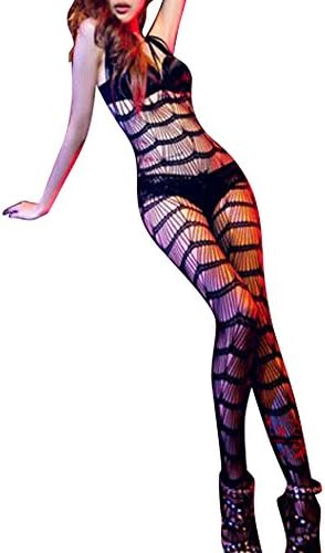 QLM Womens Sexy Tight Fishnet Bodystocking Crotchless pantyhose stockings stripe