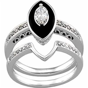 14K White Gold Antique-Inspired Marquise Black Onyx Diamond Wedding Ring Set