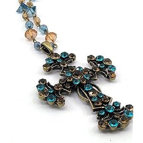 Turquoise Topaz Bead Crystal Stone Victorian Religious Cross Charm Necklace