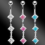 Belly Ring With 3-Diamond Shape Clear Dangling Gems - 14G - 3/8