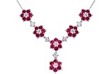 Flower Design Round Shape Created Ruby & White CZ Pendant Necklace in Sterling Silver
