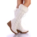 White Furry Lace up Wedge Knee Boots Women---Vegan Friendly!
