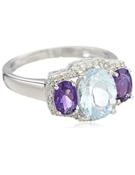 Sterling Silver Aquamarine, Amethyst and Diamond 3-Stone Ring, Size 7