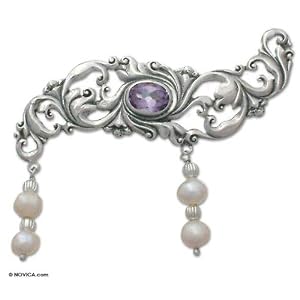 Pearl and amethyst brooch, 'Misty Dew' 2 W 2 L by