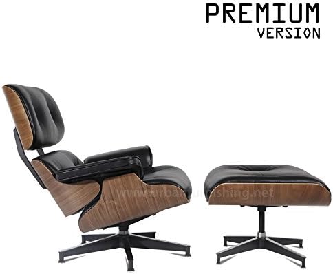 UrbanFurnishing.net - Mid Century Plywood Lounge Chair & Ottoman - Black Aniline Leather / Walnut