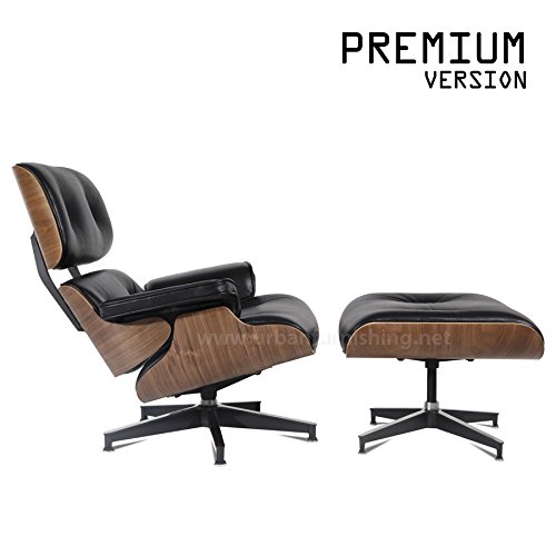 UrbanFurnishing.net - Mid Century Plywood Lounge Chair & Ottoman - Black Aniline Leather / Walnut