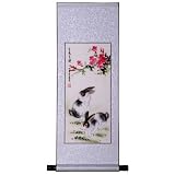 Handmade Asian Wall Art Scroll Painting On Textured Blue Brocade - Bunny Rabbits & Spring Flowers