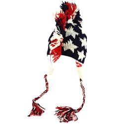 Wool Winter USA Flag Mohawk Knit Fringe Fleece Lined Trapper Ski Cap Hat Blue