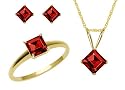 10k Yellow Gold, July Birthstone, Lab Created Ruby Ring, Pendant and Earring Set, Ring Size 7