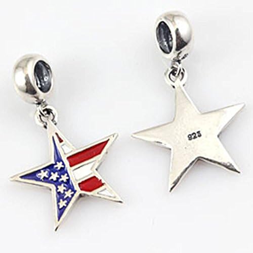 Choruslove 925 Sterling Silver Patriotic American Flag Dangle Star Bead Charms Fit Bracelet or Necklace