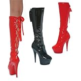 609-LEAN, 6 Pointed Stiletto Stretch Knee Boot With Back Laces in Black or Red by Ellie Shoes