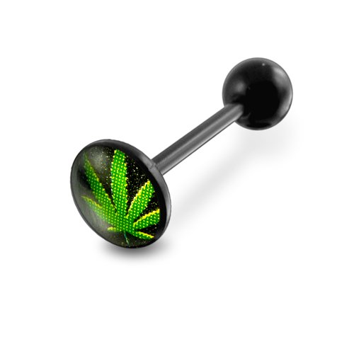 Flat Top " MARIJUANA LEAF " Logo with 14Gx5/8(1.6x16mm) Flexible Barbell with 6mm Ball Tongue Piericng jewelry.