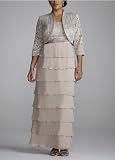 David's Bridal Bridesmaid Dresses 3/4 Sleeve Lace Jacket Dress with Tiered Skirt Style 1168W
