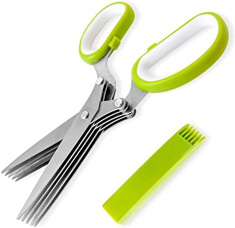 Ambermars Herb Scissors Stainless Steel - Multipurpose Kitchen Shear with 5 Blades and Cover with Cleaning Comb
