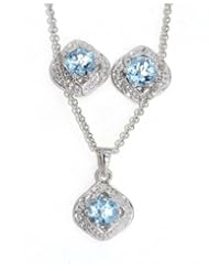Beautiful Blue Topaz Stud Earrings and Pendant .925 Sterling Silver Rhodium Finish White Gold Quality