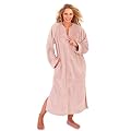Ladies Taupe colour corel fleece long robe with full zip up front and satin trim